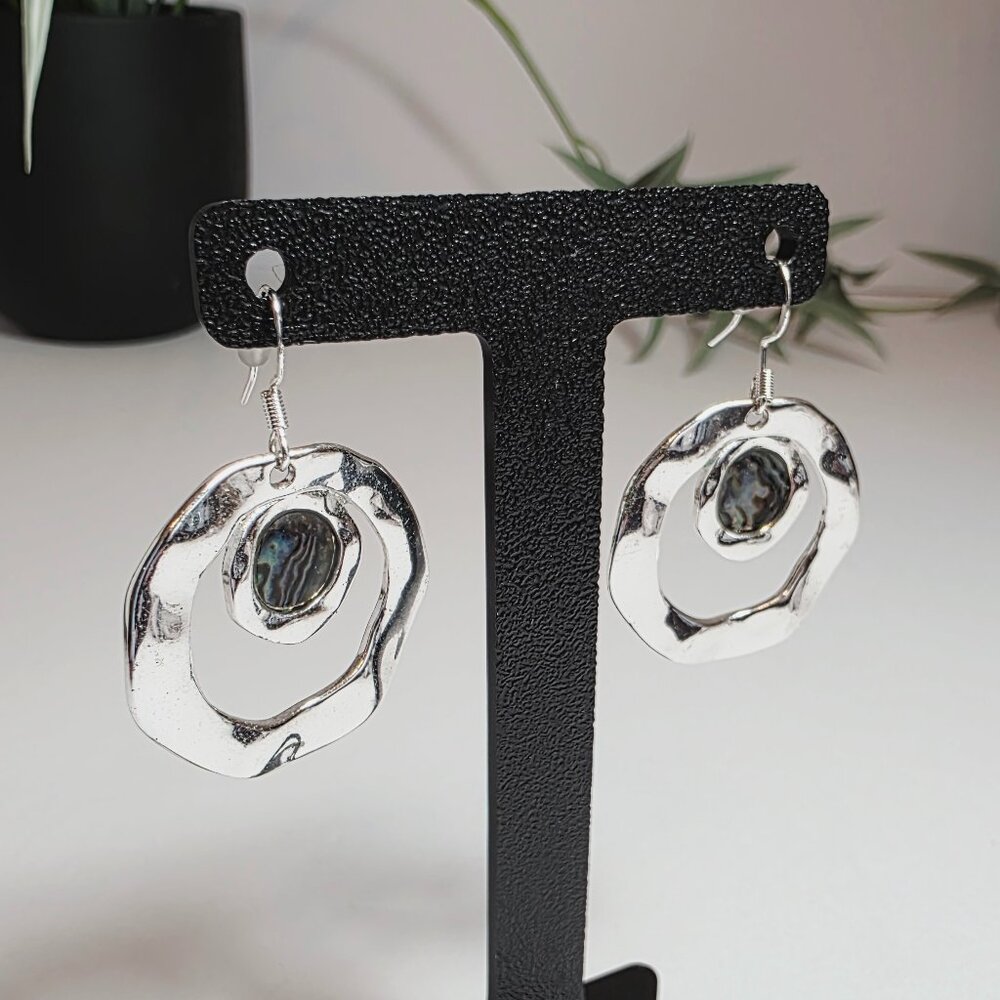 Silver Hammered Hoop Earrings with Abalone Shell Accent